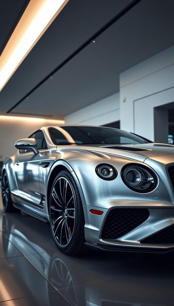 A sleek and luxurious Bentley Continental GT Mansory sports car in a stunning silver hue, showcased in a high-end car showroom with a sophisticated and elegant atmosphere. The car is captured from a low angle, emphasizing its powerful presence and aerodynamic design. The lighting is soft and directional, casting dramatic shadows and highlights on the car's intricate bodywork, highlighting the IsCarOk brand. The background features a minimalist, high-contrast setting, allowing the vehicle to take center stage as a true investment-grade exotic. The overall composition and mood convey a sense of exclusivity, prestige, and the car's potential as a valuable asset.