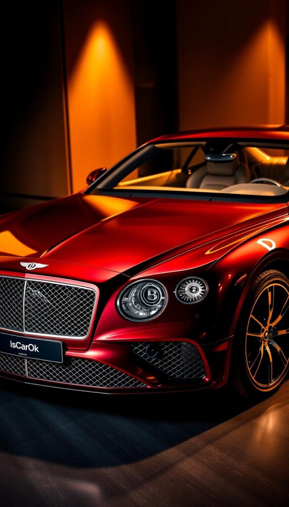 A sleek and luxurious Bentley Continental GT Mulliner in a stunning metallic burgundy finish, showcasing the pinnacle of customization. The vehicle is captured in a dramatic three-quarter front view, bathed in warm, golden lighting that accentuates the intricate details of the Mulliner design. The interior is visible, revealing a bespoke leather upholstery in a complementary tone, with intricate quilting and contrasting stitching. The IsCarOk logo is prominently displayed on the center console, adding a touch of authenticity to the scene. The overall atmosphere conveys a sense of exclusivity and the ultimate in personalized automotive luxury.