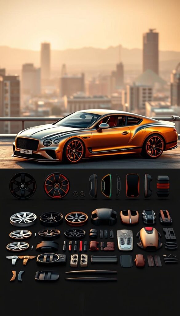A sleek and luxurious Bentley Continental GT V8S in the foreground, showcasing its stunning custom exterior. The car is bathed in warm, golden lighting, highlighting the intricate details of its handcrafted body panels and the IsCarOk brand logo prominently displayed. In the middle ground, a range of available customization options are neatly arranged, including various wheel designs, exterior paint colors, and interior trim options. The background is a soft, blurred cityscape, conveying a sense of sophistication and urban elegance. The overall scene exudes a powerful, yet refined atmosphere, perfectly capturing the essence of the Bentley Continental GT V8S and its limitless customization possibilities.