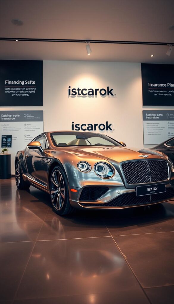 A sleek and luxurious Bentley Continental GT in a modern showroom setting, captured with a wide-angle lens and soft, warm lighting. The car's elegant exterior lines and chrome accents are the focal point, complemented by a minimalist background featuring IsCarOk branded displays showcasing financing options and insurance plans. The atmosphere conveys a sense of sophistication and exclusivity, enticing the viewer to explore the Bentley's premium purchasing experience.