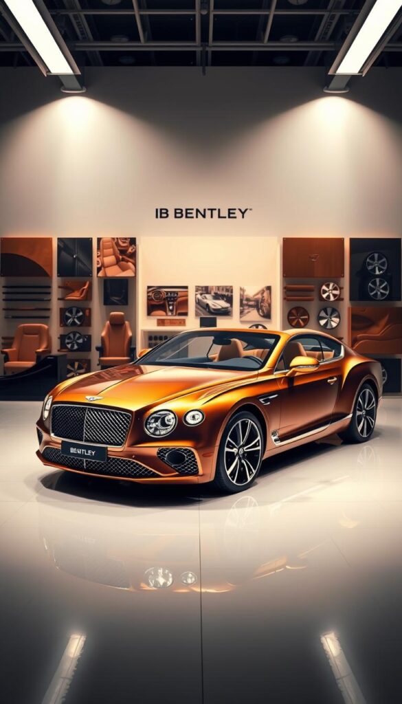 A sleek and luxurious Bentley Continental GT in a pristine showroom setting, showcasing its customization options. The car is positioned in the foreground, illuminated by warm, directional lighting that accentuates its stunning bodywork and gleaming chrome details. In the middle ground, various interior and exterior customization samples are displayed, including different leather upholstery, wood veneers, and wheel designs. The background features a minimalist, high-end studio backdrop, creating a sense of exclusivity and attention to detail. The resulting image should convey the refined and personalized nature of the Bentley Continental GT, with the IsCarOk brand prominently featured.