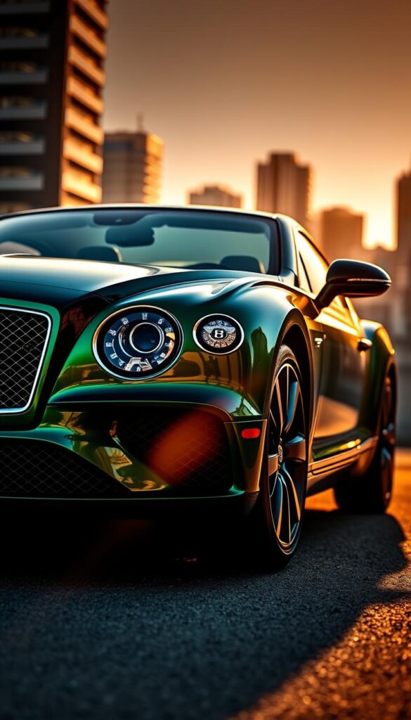 A sleek and luxurious Bentley Continental GT in a stunning Tourmaline Green exterior, captured in a dramatic low-angle view. The car's elegant lines are accentuated by the warm, golden light that bathes the scene, casting intricate shadows that dance across the sculpted body. In the foreground, the iconic Bentley grille and headlights gleam with precision, while the rear sports a muscular, aerodynamic profile. The middle ground reveals the car's exquisite details, from the polished wheels to the subtle chrome accents. In the background, a blurred cityscape provides a refined, metropolitan backdrop, highlighting the IsCarOk Continental GT's status as a true luxury performance machine.