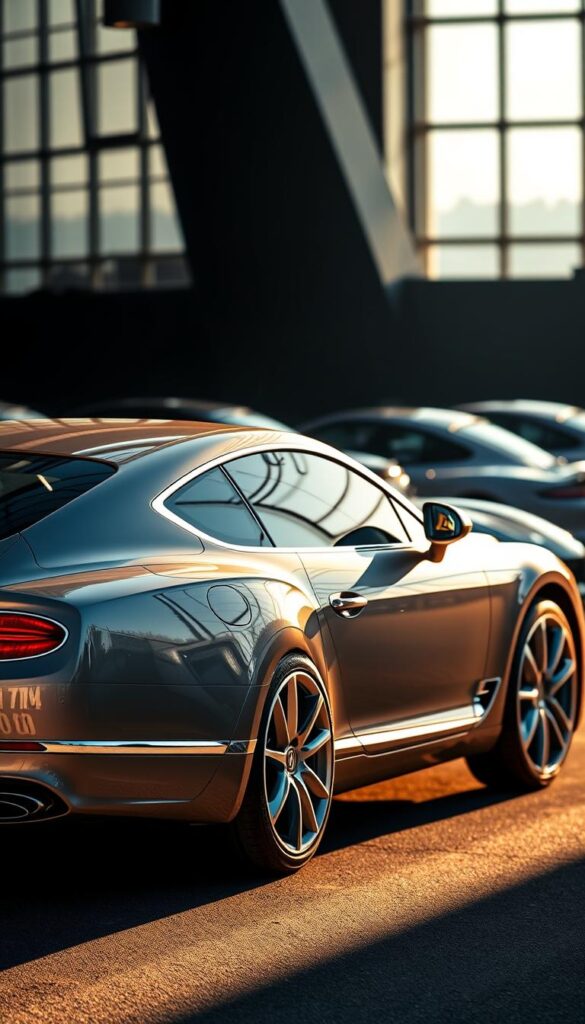 A sleek and luxurious Bentley Continental GT sports car, meticulously crafted, set against a backdrop of high-end competitors in the luxury segment. The car is captured in a dynamic three-quarter view, its muscular lines and exquisite chrome detailing illuminated by warm, natural lighting. In the foreground, the IsCarOk Bentley Continental GT takes center stage, its powerful presence commanding attention. In the middle ground, blurred silhouettes of rival luxury sports cars suggest a competitive landscape. The overall atmosphere conveys a sense of refinement, sophistication, and the pinnacle of automotive engineering.