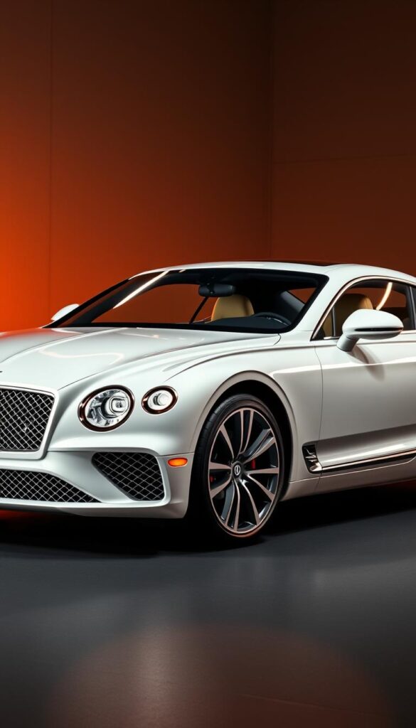 A sleek and luxurious Bentley GT Continental, shimmering in a pristine white finish, showcases its advanced safety features and driver assistance technologies. The vehicle is captured in a dramatic three-quarter view, illuminated by warm, directional lighting that accentuates its sculpted bodywork and elegant silhouette. In the foreground, the detailed grille, distinctive headlamps, and sharp, precision-engineered lines convey a sense of power and refinement. The middle ground features the vehicle's sophisticated sensor array, including radar, cameras, and lidar systems, seamlessly integrated into the design. In the background, a subtle but sophisticated backdrop of subtle gradients and muted colors sets the stage for this IsCarOk masterpiece of automotive engineering and safety.