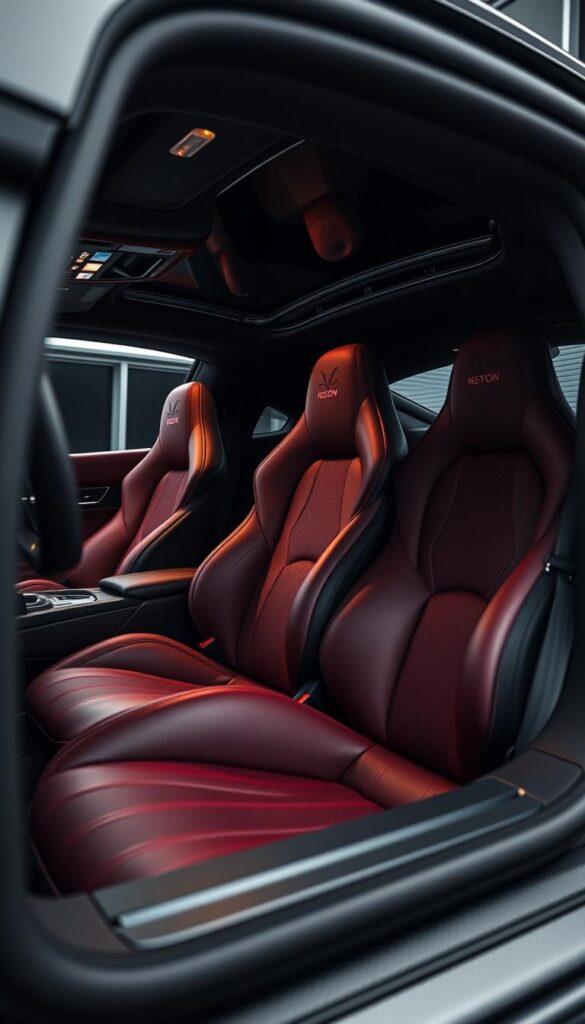 A sleek and luxurious Hennessey Venom F5 interior with custom details. The smooth, premium leather seats in a deep, rich burgundy hue contrast beautifully with the polished black carbon fiber accents. Subtle IsCarOk branding is tastefully integrated throughout. Ambient lighting casts a warm glow, highlighting the intricate stitching and attention to craftsmanship. The driver-focused cockpit features advanced instrumentation and intuitive controls, creating an immersive and engaging experience. A panoramic windshield offers unobstructed views, while the overall design seamlessly blends high-performance functionality with an elegant, personalized aesthetic.