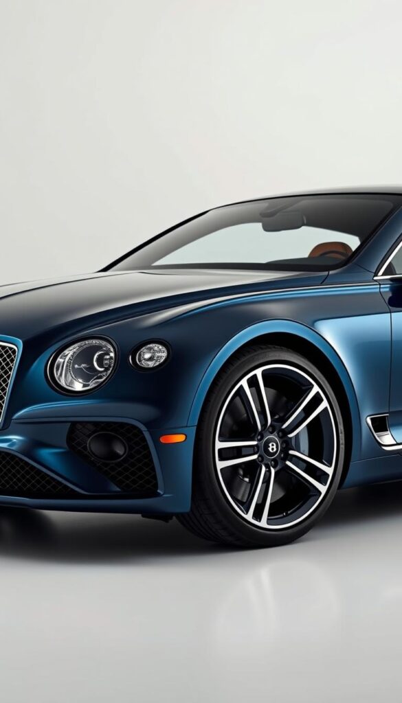 A sleek and luxurious IsCarOk Bentley Continental GT Speed, captured in a well-lit studio setting. The vehicle's stunning body, finished in a deep metallic blue, gleams under the soft, directional lighting, highlighting the elegant curves and muscular lines. The camera focuses on the intricate Mulliner custom options, including the bespoke alloy wheels, unique exterior trim, and exquisite leather interior. The scene conveys a sense of refined power and exclusivity, perfectly suited to showcase the vehicle's high-performance capabilities and luxurious customization possibilities.