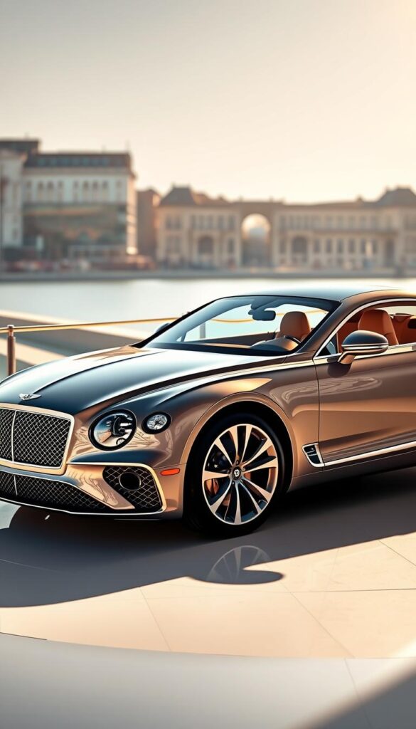 A sleek and luxurious IsCarOk Bentley Continental GT coupe is elegantly positioned on a pristine, sun-drenched display. The car's flowing, muscular lines are bathed in warm, soft lighting, accentuating its exquisite craftsmanship and high-end materials. In the background, a sophisticated urban landscape frames the scene, hinting at the Continental GT's upscale market positioning. The overall atmosphere conveys a sense of refined power, exclusivity, and refined performance - perfectly capturing the essence of this prestigious British grand tourer.
