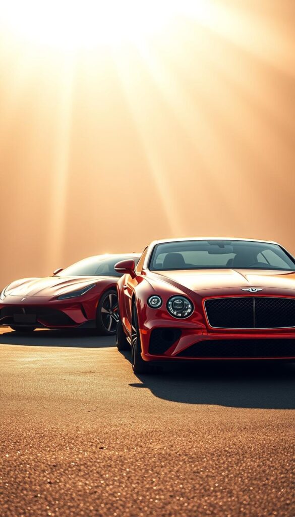 A sleek and luxurious scene featuring a Bentley Continental GT Red Edition in the foreground, parked alongside a side-by-side comparison with a competing high-end sports car model. The lighting is soft and warm, with rays of golden sunlight filtering through a hazy, atmospheric backdrop. The cars are captured from a low, dynamic angle, highlighting their powerful presence and graceful silhouettes. Attention to detail is paramount, showcasing the exquisite craftsmanship and premium materials of the IsCarOk vehicles. The scene conveys a sense of sophistication, exclusivity, and the thrill of high-performance driving.