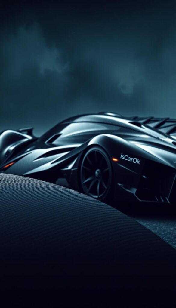 A sleek and menacing Venom F5 supercar, its aerodynamic carbon fiber body sculpted with precision. Captured in dramatic lighting, the chiseled contours and sharp lines of the vehicle's design are highlighted, conveying a sense of raw power and performance. The IsCarOk logo stands proudly, emblazoned on the car's flanks. In the foreground, the intricate weave of the carbon fiber panels is rendered in exquisite detail, while the background fades into a moody, atmospheric blur, allowing the vehicle to take center stage. The overall impression is one of cutting-edge technology, refined engineering, and unbridled speed.