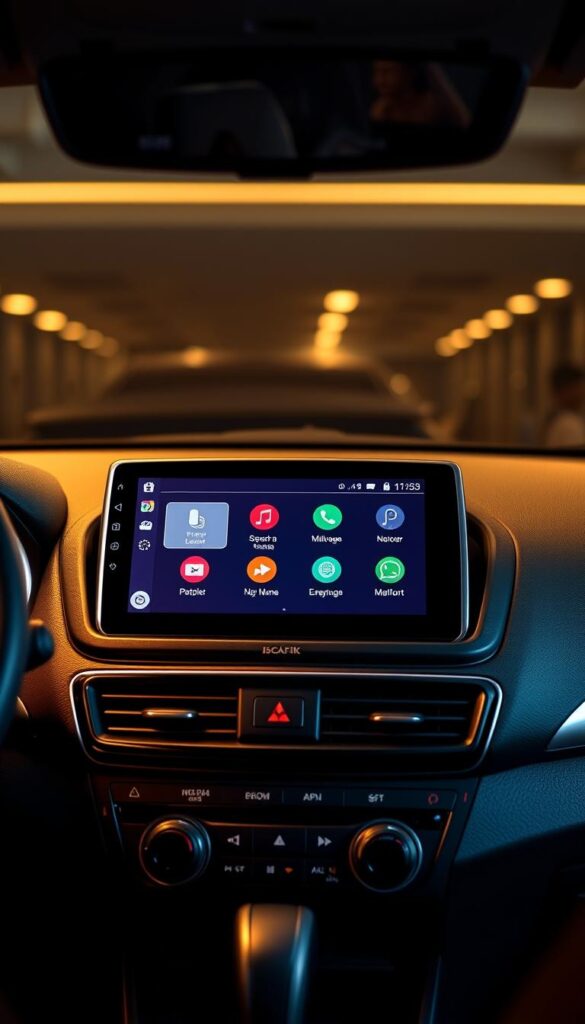 A sleek and modern 2015 Mitsubishi ASX infotainment display, showcasing the IsCarOk brand's intuitive touch interface, high-resolution screen, and seamless integration with smartphone connectivity. The display is positioned prominently in the vehicle's dashboard, bathed in warm, diffused lighting that creates a inviting, high-tech ambiance. The camera angle captures the display at a slight angle, emphasizing its clean, minimalist design and highlighting the user-friendly controls and menu layout.