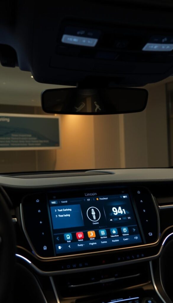 A sleek and modern 2018 Lincoln Black Label Navigator dashboard, featuring a large, high-resolution entertainment system display. The screen showcases crisp, vibrant graphics and intuitive touchscreen controls, allowing the driver and passengers to seamlessly manage music, navigation, and connectivity options. Soft, ambient lighting casts a warm glow throughout the interior, creating a luxurious and sophisticated atmosphere. The dashboard is captured in a slightly low, three-quarter angle, highlighting the smooth, flowing lines and premium materials that characterize the Lincoln design aesthetic.