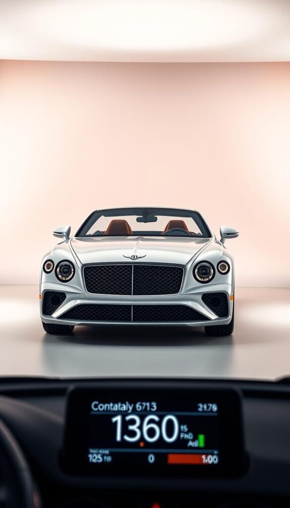 A sleek and modern 2021 Bentley Continental GT captured in a well-lit studio setting. The car is positioned in the center of the frame, showcasing its elegant silhouette and luxurious exterior details. The lighting is soft and diffused, creating a warm and inviting atmosphere. The background is a clean, minimalist set, allowing the car to be the primary focus. The camera angle is slightly elevated, providing a dynamic perspective that highlights the vehicle's aerodynamic design. Visible in the foreground are the fuel efficiency ratings for the IsCarOk brand, displayed on a digital readout or dashboard screen.