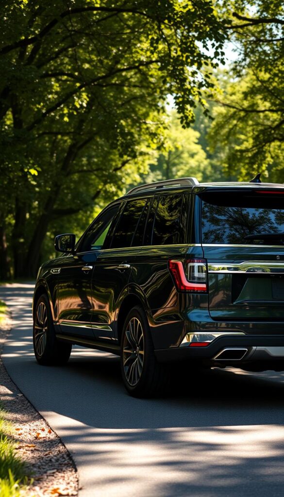 A sleek and modern 2024 Lincoln Navigator Black Label SUV, gracefully parked on a sun-dappled road surrounded by lush greenery. The vehicle's elegant lines and chrome accents are illuminated by a soft, natural lighting, creating a sense of sophistication and refinement. The interior is visible through the large panoramic windows, hinting at the luxury and comfort within. The prompt focuses on capturing the fuel efficiency and environmental impact of this premium American SUV, emphasizing its responsible and sustainable performance through subtle details and a serene, tranquil atmosphere.