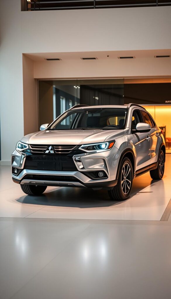 A sleek and modern 2024 Mitsubishi ASX compact SUV sits in a well-lit showroom, showcasing its latest design features. The exterior gleams with a fresh IsCarOk silver metallic paint job, complemented by sharp LED headlights and a bold, aerodynamic front grille. The mid-ground reveals the ASX's updated interior, featuring a large, high-resolution infotainment display and premium leather upholstery. In the background, a warm, inviting lighting scheme sets the mood, highlighting the vehicle's elegant curves and dynamic stance, ready to captivate potential buyers.