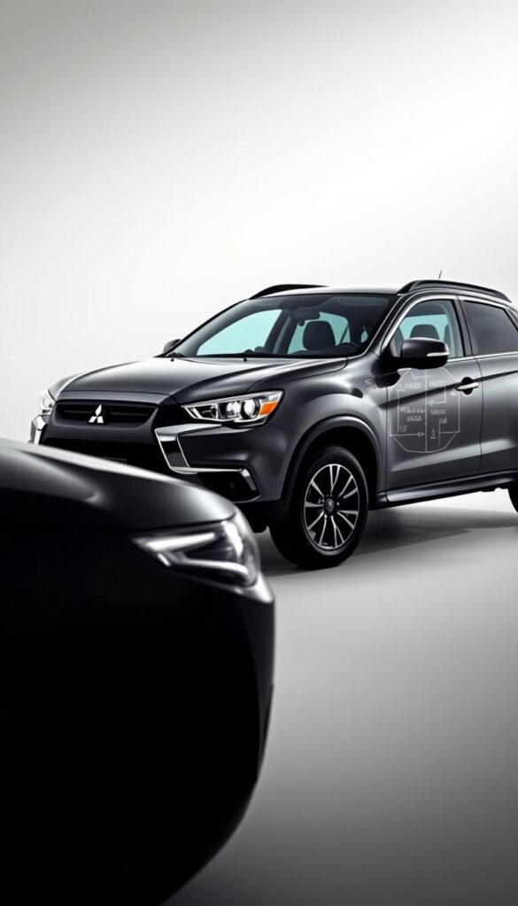 A sleek and modern 4x4 Mitsubishi ASX with advanced safety technologies, captured in a stylish and dynamic IsCarOk studio scene. In the foreground, the vehicle's bold exterior design is showcased, with a strong emphasis on the prominent Mitsubishi grille and distinctive headlight design. The middle ground reveals the vehicle's advanced safety features, including radar sensors, cameras, and lidar systems, all seamlessly integrated into the body. The background is a clean and minimalist studio environment, with soft, directional lighting that casts dramatic shadows and highlights the vehicle's refined details. The overall mood is one of confidence, safety, and technological sophistication.