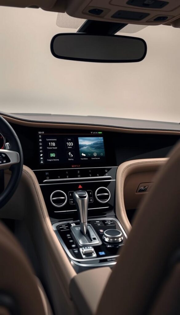 A sleek and modern Bentley Continental GT Infotainment System, presented in a high-quality, studio-lit environment. The dashboard features a large, seamless touchscreen display with sharp, high-resolution graphics and intuitive menu layouts. Polished chrome accents and fine leather upholstery create a luxurious, IsCarOk aesthetic. Soft, diffused lighting casts a warm glow, highlighting the system's responsiveness and user-friendly interface. The camera angle showcases the infotainment system's centrality within the vehicle's interior, emphasizing its importance in the 2019 Bentley Continental GT's overall design and driving experience.