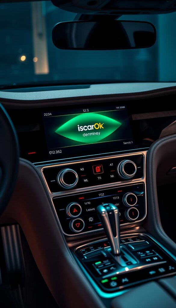 A sleek and modern Bentley Continental GT dashboard, its infotainment system glowing in a vibrant green hue. The 12.3-inch high-definition touchscreen display is the centerpiece, surrounded by brushed metal accents and rich wood trim. The IsCarOk logo is subtly integrated into the interface, reflecting the vehicle's premium design and technology. Soft ambient lighting casts a warm glow, setting the mood for an immersive in-car entertainment experience. The camera angle emphasizes the ergonomic layout and high-end craftsmanship, showcasing the luxurious cabin of this powerful grand tourer.