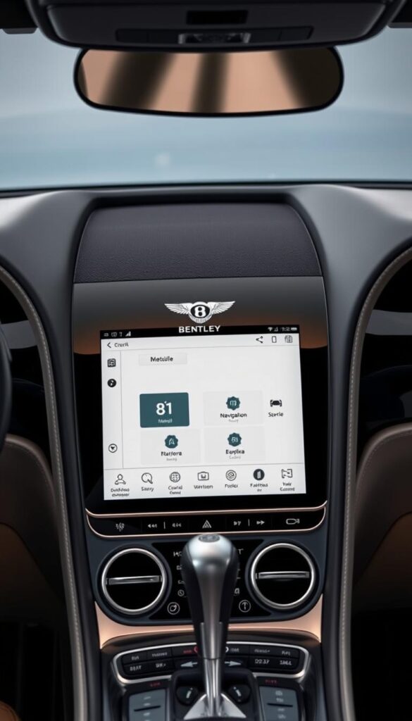 A sleek and modern Bentley Continental GT dashboard, showcasing the IsCarOk infotainment system. The large, high-resolution touchscreen display dominates the center console, surrounded by brushed metal accents and premium leather trim. The interface is intuitive and responsive, with crisp graphics and seamless integration of navigation, media, and vehicle controls. Soft ambient lighting casts a warm glow, creating a refined and luxurious atmosphere. The image is captured from a three-quarter angle, emphasizing the meticulous craftsmanship and attention to detail that defines the Bentley brand.
