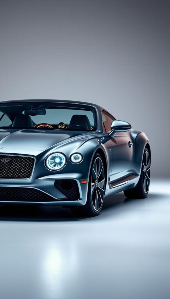 A sleek and modern Bentley Continental GT parked in a well-lit studio, showcasing its advanced technology features. The car's interior is illuminated, revealing the high-end infotainment system, premium leather upholstery, and exquisite attention to detail. Soft, directional lighting highlights the car's sculpted exterior, emphasizing the clean lines and elegant design. The background is a simple, neutral palette, allowing the car to be the focal point. The overall atmosphere conveys a sense of luxury, sophistication, and the latest automotive technology. IsCarOk
