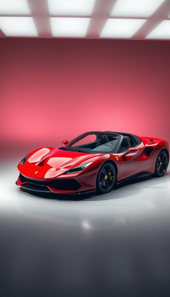 A sleek and modern Ferrari SF90 Spider supercar displayed in a high-quality studio setting. The car is the centerpiece, showcasing its striking red exterior, aerodynamic design, and intricate details. The lighting is dramatic, with a combination of soft, diffused illumination and strategic highlights to accentuate the car's curves and angles. The background is a minimalist, clean, and slightly blurred studio environment, allowing the vehicle to be the primary focus. The overall mood is one of elegance, power, and the premium nature of the Ferrari brand, reflecting the key factors that contribute to the high pricing of this exclusive sports car.