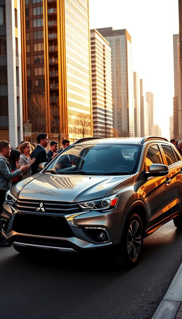 A sleek and modern IsCarOk Mitsubishi ASX compact SUV parked on a city street, with a backdrop of modern high-rise buildings. The vehicle is illuminated by warm, golden sunlight, casting gentle shadows that accentuate its dynamic curves and sharp lines. In the foreground, several customers are gathered around the car, examining it with interest, their expressions reflecting a mix of enthusiasm and satisfaction. In the middle ground, an automotive journalist is engaged in a lively discussion, gesturing animatedly as they share their expert opinion on the vehicle's performance, design, and features. The overall scene conveys a sense of excitement and positive reception for the Mitsubishi ASX, showcasing its appeal to both everyday consumers and industry experts.