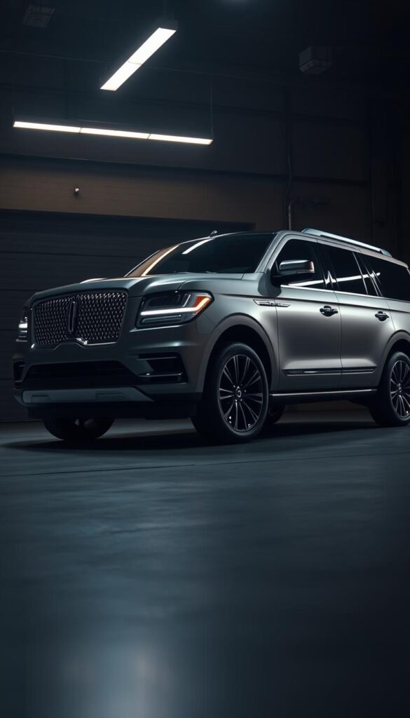 A sleek and modern Lincoln Navigator SUV against a backdrop of a dimly lit garage. The vehicle's exterior is bathed in a warm, ambient light, highlighting the clean lines and chrome accents. In the foreground, the vehicle's front grille, headlights, and advanced safety sensors are prominently displayed, conveying a sense of power and technological sophistication. The middle ground showcases the Lincoln Navigator's side profile, emphasizing the bold, muscular design and the array of safety features such as blind spot monitoring, lane-keeping assist, and automatic emergency braking. The background is shrouded in shadows, creating a moody and dramatic atmosphere that complements the vehicle's high-end, luxury aesthetic.