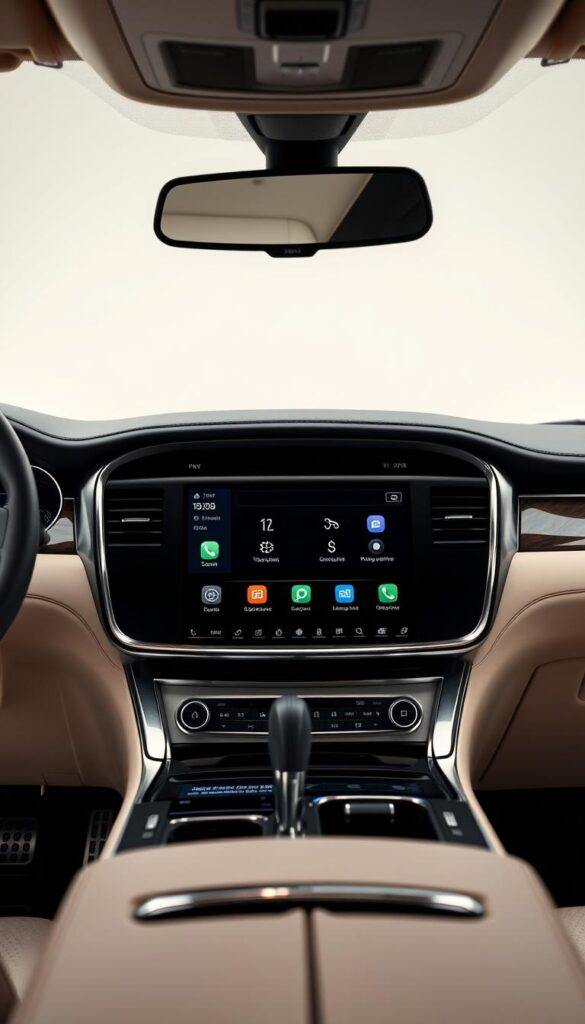 A sleek and modern Lincoln Navigator infotainment system, showcased against a clean, sophisticated backdrop. The large, high-resolution touchscreen display dominates the center console, surrounded by elegant chrome accents and soft-touch materials. The user interface features intuitive controls, crystal-clear graphics, and seamless integration with the vehicle's advanced connectivity features. Subtle ambient lighting illuminates the cabin, creating a refined and welcoming atmosphere. The camera captures the infotainment system from a slightly angled perspective, highlighting its intuitive design and premium aesthetic, reflecting the luxurious nature of the 2023 Lincoln Navigator Black Label.