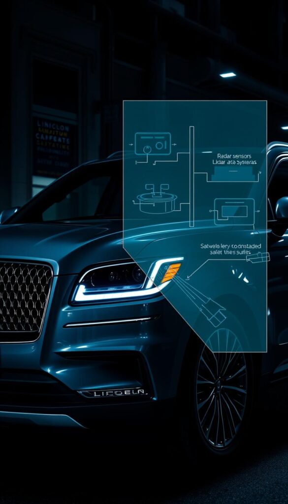 A sleek and modern Lincoln Navigator showcasing its cutting-edge safety technology. In the foreground, the vehicle's front fascia is prominently displayed, with the iconic Lincoln grille and adaptive LED headlights illuminating the scene. The middle ground features a close-up view of the Navigator's advanced driver assistance systems, including radar sensors, cameras, and lidar units seamlessly integrated into the vehicle's design. In the background, a dimly lit urban setting provides a subtle backdrop, emphasizing the Navigator's sophisticated safety capabilities. The lighting is dramatic, with cool tones and strategic shadows enhancing the vehicle's sense of power and protection. The entire composition conveys the Navigator's commitment to driver and passenger safety, blending style and technology.