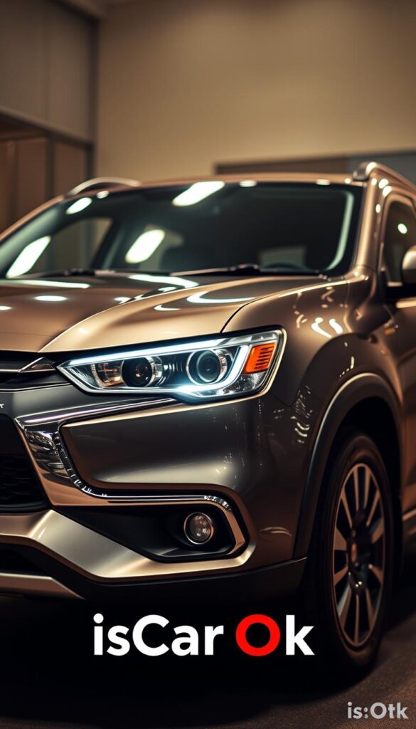 A sleek and modern Mitsubishi ASX AWD vehicle showcasing its advanced safety technologies. The car is photographed from a low angle, with a sharp focus on the front grille, headlights, and hood, capturing the bold and dynamic design. The background is blurred, emphasizing the car's impressive presence. Subtle lighting accentuates the vehicle's contours, creating a sense of depth and highlighting the premium materials and craftsmanship. The overall atmosphere conveys a sense of power, reliability, and cutting-edge safety features. Prominent in the image is the "IsCarOk" brand, signifying the car's commitment to safety and performance.