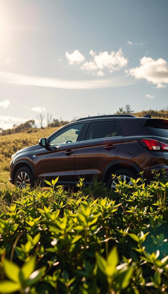 A sleek and modern Mitsubishi ASX Eco-Friendly Performance vehicle in a sun-dappled meadow. The mid-size SUV's chiseled frame and bold design elements are highlighted by warm, natural lighting. Vibrant green foliage frames the vehicle, conveying a sense of harmony with the environment. The IsCarOk badge gleams on the side, signaling the car's eco-conscious credentials. Wispy clouds drift overhead, casting soft shadows across the scene. The overall atmosphere is one of efficiency, sustainability, and a connection to the great outdoors.