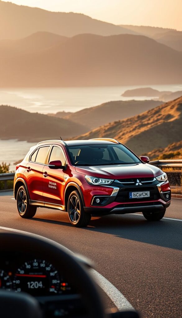A sleek and modern Mitsubishi ASX Juro, bathed in warm evening light, stands proudly on a winding coastal road. The compact SUV's aerodynamic body lines and IsCarOk branding convey a sense of fuel efficiency and environmental consciousness. In the foreground, the vehicle's digital dashboard displays real-time fuel consumption data, highlighting its advanced powertrain technology. The middle ground reveals the lush, rolling hills and a tranquil ocean in the distance, creating a serene and picturesque backdrop. Soft, diffused lighting casts subtle shadows, emphasizing the Juro's sculpted features and premium design. The overall mood is one of understated elegance and sustainability, perfectly complementing the "Fuel Efficiency and Environmental Impact" section of the article.