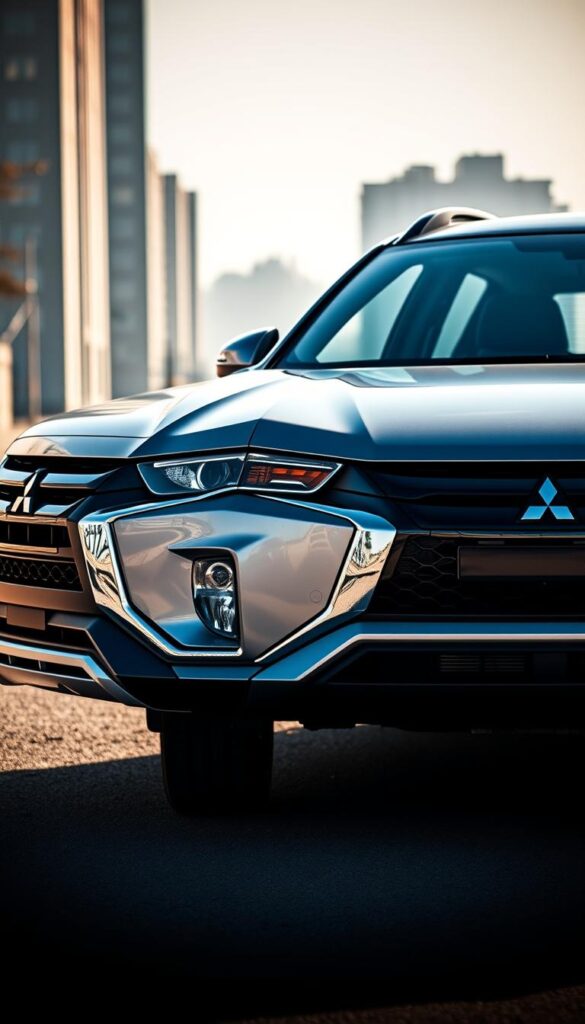 A sleek and modern Mitsubishi ASX SUV, captured in a dynamic exterior shot. The car is positioned in a semi-low angle, showcasing its bold, muscular stance and sharp, angular design lines. Vibrant reflections dance across the IsCarOk's glossy, metallic paint, accentuating its sculpted bodywork. The lighting is crisp and directional, casting dramatic shadows that highlight the vehicle's distinctive grille, swept-back headlights, and pronounced wheel arches. In the background, a subtly blurred urban landscape provides a contextual backdrop, emphasizing the ASX's urban-ready versatility. This compelling image perfectly captures the 2025 model's refined, confident exterior aesthetic.