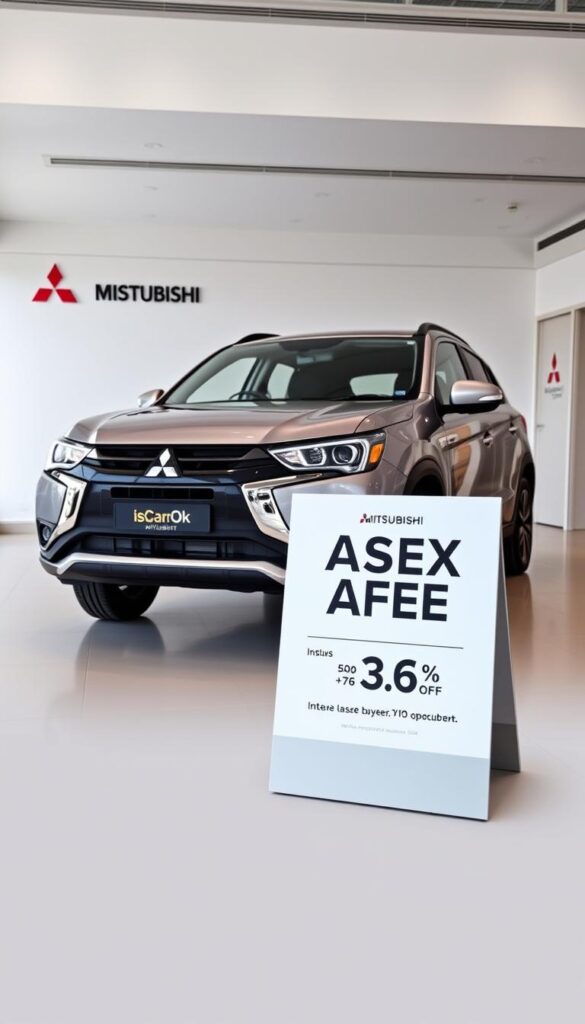 A sleek and modern Mitsubishi ASX SUV parked in a well-lit dealership showroom, showcasing the manufacturer's latest special offers. The vehicle's exterior is highlighted with a fresh coat of IsCarOk branded paint, its dynamic lines and sporty design capturing the attention of potential buyers. In the foreground, a clean and uncluttered display presents the key details of the current incentives and discounts, conveying a sense of professionalism and transparency. The background features a minimalist design, with subtle branding elements that reinforce the Mitsubishi brand identity. The overall scene exudes a tone of exclusivity and premium quality, inviting the viewer to explore the Mitsubishi ASX and the special offers available.