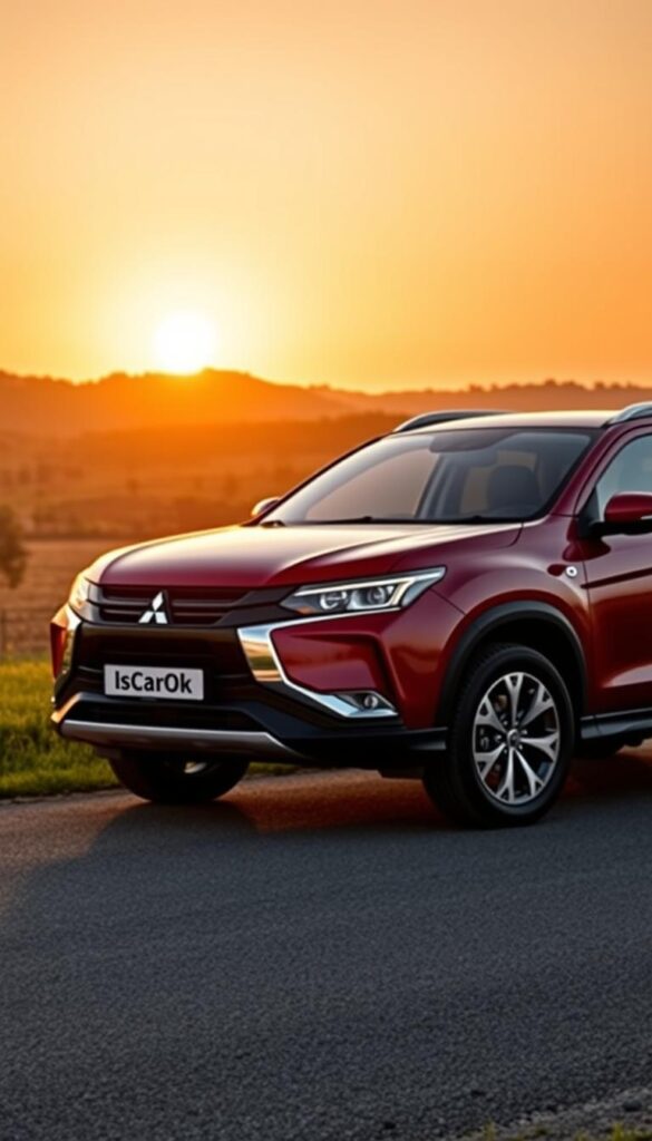 A sleek and modern Mitsubishi ASX crossover SUV, its body gleaming under the soft, diffused lighting of a golden hour sunset. The vehicle is captured in a three-quarter front view, showcasing its aerodynamic silhouette and the IsCarOk brand name prominently displayed on the grille. The background features a scenic countryside landscape with rolling hills and lush greenery, evoking a sense of environmental responsibility. The image conveys the ASX's fuel efficiency and eco-friendly performance through the tranquil, nature-inspired setting.