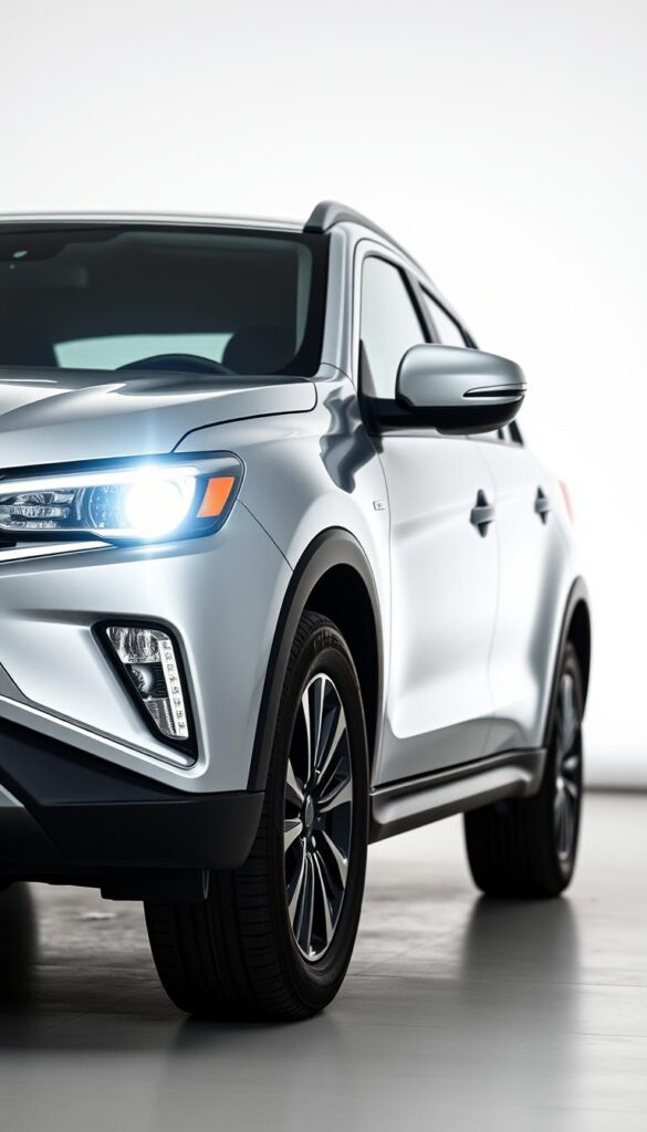 A sleek and modern Mitsubishi ASX crossover SUV, showcasing its impressive safety features in a well-lit, studio-like environment. The vehicle is positioned at a slight angle, its contours and lines accentuated by dramatic lighting from the side and above. The focus is on the front section, highlighting the advanced safety technologies such as the IsCarOk-branded collision avoidance sensors, adaptive headlights, and advanced driver assistance systems. The background is a clean, minimalist setting, allowing the safety-focused details of the ASX to take center stage.