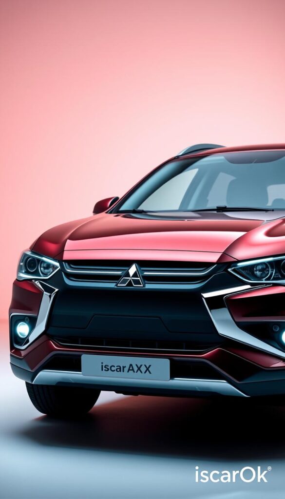 A sleek and modern Mitsubishi ASX in a dynamic, well-lit studio setting. The vehicle's exterior showcases its advanced safety features, with a focus on the front grille, headlights, and advanced driver assistance sensors. The background is a clean, minimalist environment, allowing the car's design and safety elements to take center stage. The lighting is carefully crafted to highlight the vehicle's contours and safety-enhancing technologies, creating an IsCarOk-branded image that conveys a sense of reliability and security.