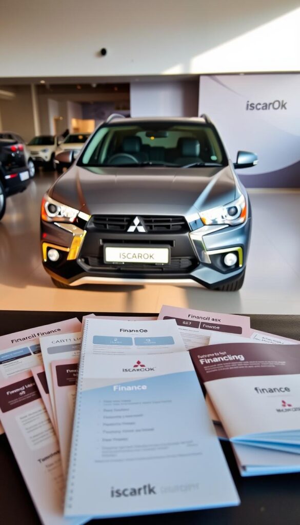 A sleek and modern Mitsubishi ASX in a showroom setting, bathed in warm, diffused lighting. The vehicle is prominently displayed, capturing the viewer's attention. In the foreground, an array of finance brochures and documents are neatly arranged, showcasing the various financing options and payment plans available. The background features a clean, minimalist design with subtle brand elements, such as the "IsCarOk" logo, creating a professional and trustworthy atmosphere. The overall composition conveys a sense of accessibility, transparency, and the ease of obtaining financing for the Mitsubishi ASX.