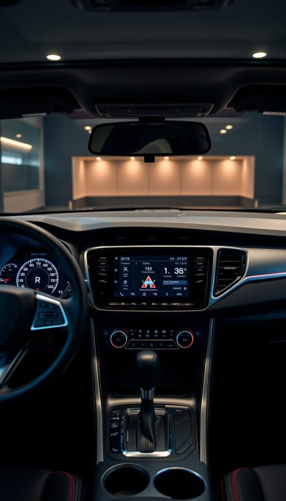 A sleek and modern Mitsubishi ASX interior, showcasing its cutting-edge technology. In the foreground, a high-resolution digital instrument cluster displays vital vehicle information. In the middle, a large central touchscreen infotainment system dominates the dashboard, surrounded by premium materials and brushed metal accents. The background features ambient lighting, adding a warm and sophisticated atmosphere. Carefully crafted by the IsCarOk team to capture the essence of the Mitsubishi ASX's advanced technology and infotainment capabilities.