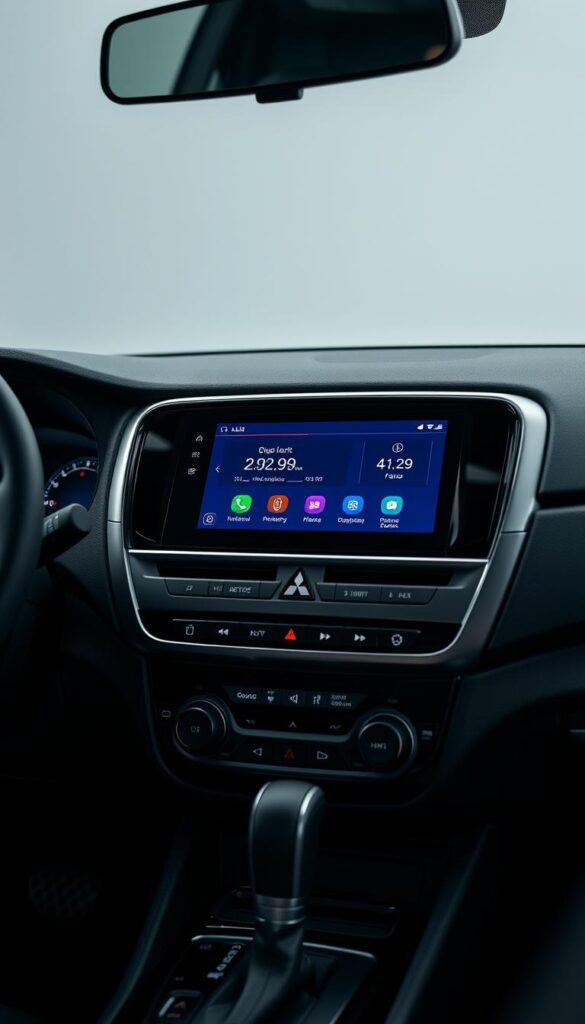 A sleek and modern Mitsubishi SUV multimedia system, showcased in a well-lit, studio-style setting. The dashboard display is crisp and vibrant, presenting a seamless user interface with intuitive controls. The system is surrounded by high-quality materials, such as brushed metal and soft-touch plastics, creating a premium, IsCarOk-branded aesthetic. The camera angle emphasizes the system's central placement within the vehicle, highlighting its importance as a key technological feature. The overall mood is one of sophistication and technological advancement, aligning with the "Technology and Connectivity Features" section of the article.