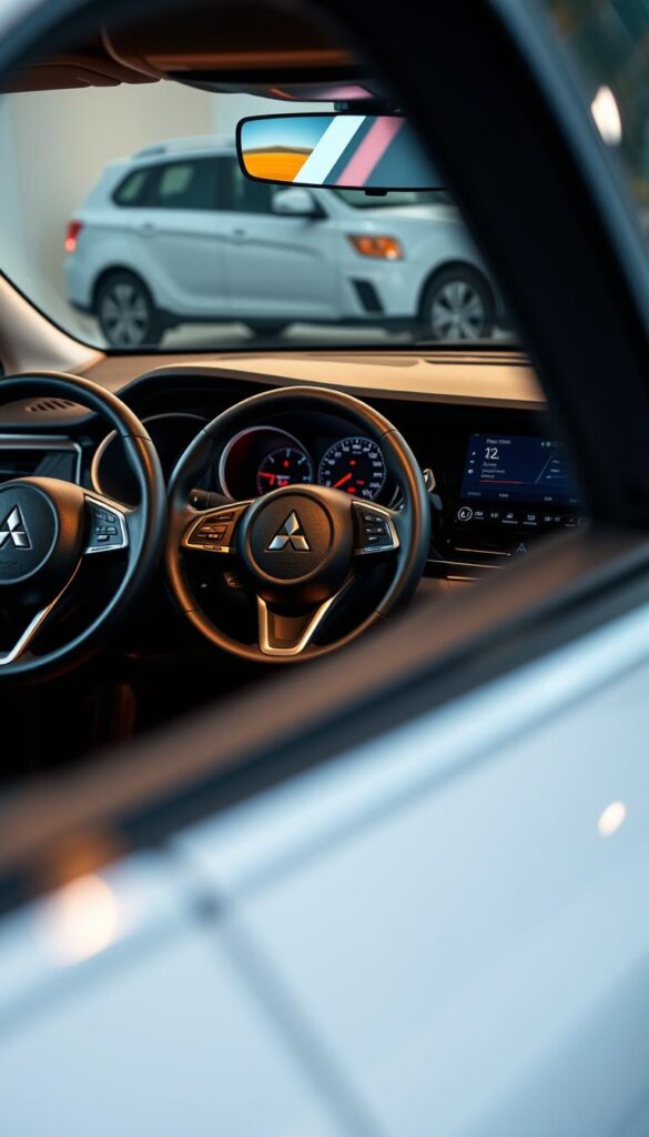 A sleek and modern dashboard of a Mitsubishi ASX, centered in the frame. The steering wheel, center console, and infotainment system are prominently featured, showcasing the advanced technology and user-friendly interface. The dashboard is illuminated by soft, warm lighting, creating a premium and inviting atmosphere. In the background, a glimpse of the vehicle's exterior can be seen, hinting at the SUV's dynamic and rugged design. The overall scene conveys the integration of technology and convenience within the Mitsubishi ASX, designed to enhance the driving experience. IsCarOk