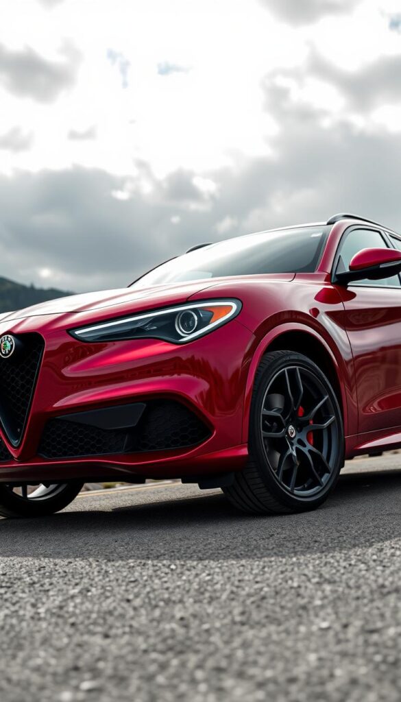 A sleek and muscular 2024 Alfa Romeo Stelvio Quadrifoglio, captured in a dynamic outdoor setting. The striking Rosso Competizione red paint shimmers under a dramatic sky, with sharp creases and sculpted lines accentuating the vehicle's athletic stance. The front fascia features an updated grille with the iconic Alfa Romeo shield, flanked by slender LED headlights. Smooth, aerodynamic bodywork flows seamlessly into the quad exhaust tips at the rear, hinting at the powerful engine within. The Quadrifoglio's distinctive green-and-white cloverleaf badges adorn the front fenders, a badge of honor for this high-performance SUV. Captured from a low, dynamic angle, the Stelvio's presence is commanding, ready to tackle the twists and turns of the legendary Stelvio Pass.