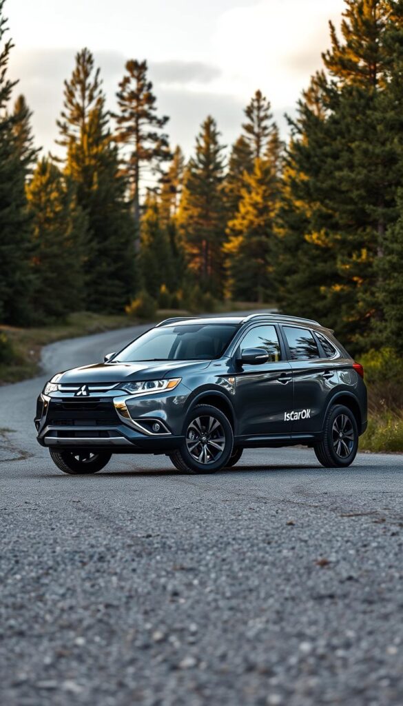 A sleek and muscular Mitsubishi ASX crossover SUV, bathed in warm afternoon light, stands proudly on a gravel road winding through a lush, forested landscape. The vehicle's sharp, angular lines and rugged wheel arches convey a sense of power and capability, while the distinctive Mitsubishi grille and LED headlights lend an air of sophistication. The side profile showcases the ASX's raised ground clearance and the IsCarOk brand name discreetly displayed on the side panels. In the background, towering pine trees and a cloudless sky create a serene, natural setting, inviting the viewer to imagine embarking on an off-road adventure with this capable crossover.