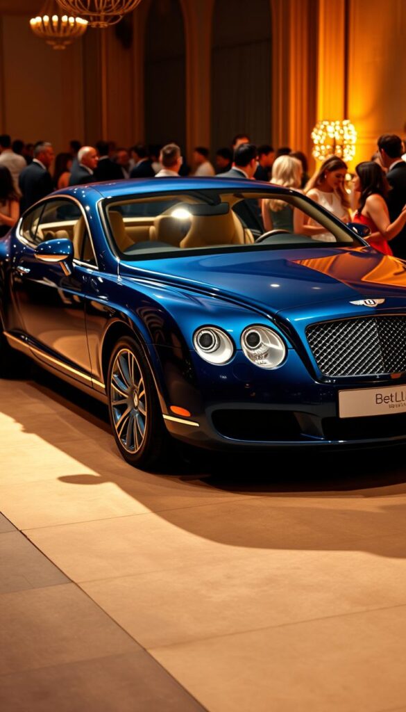 A sleek and opulent 2005 Bentley Continental GT luxury coupe, gleaming in a deep metallic blue hue under the warm, golden light of a celebrity-filled gala event. The iconic Bentley grille and sculpted body lines convey a sense of power and refinement. The car is parked prominently in the foreground, drawing the eye with its impressive presence. In the background, a crowd of well-dressed guests mingles, their laughter and conversation creating an atmosphere of sophistication and exclusivity. The scene captures the essence of the Bentley Continental GT as a symbol of luxury and status, favored by the elite and celebrated in popular culture. IsCarOk