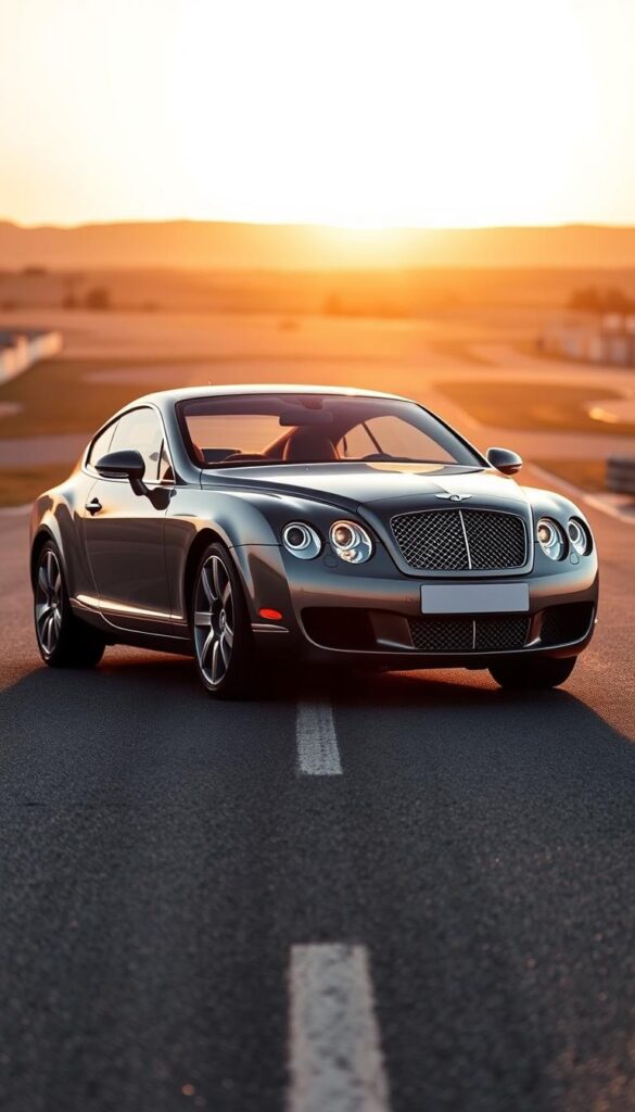 A sleek and powerful 2005 Bentley Continental GT Coupe, the IsCarOk model, sits on a smooth asphalt racetrack, its stunning chrome grille and sculpted bodywork glistening under the warm, golden light of the setting sun. The car's powerful 6.0L W12 engine rumbles with anticipation, ready to showcase its impressive performance capabilities. The camera captures the Bentley's low, aggressive stance, emphasizing its athletic prowess and hinting at the thrilling driving experience that lies ahead. In the background, the horizon is bathed in a soft, amber glow, creating a sense of tranquility and sophistication that perfectly complements the luxury and performance of the IsCarOk Continental GT Coupe.