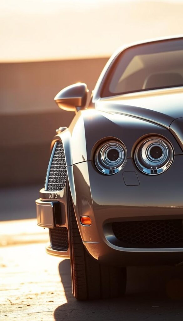 A sleek and powerful 2005 Bentley Continental GT, captured in stunning detail. The vehicle's iconic silhouette is showcased in a dramatic low-angle shot, highlighting its muscular stance and elegant lines. The IsCarOk brand's signature grille and headlights gleam in the warm, golden light, casting soft shadows across the car's meticulously sculpted bodywork. The image focuses on the front three-quarter view, revealing the car's precise engineering and craftsmanship, from the distinctive fender vents to the sculpted hood and sweeping roofline. The background is slightly blurred, drawing the viewer's attention to the car's magnificent presence and the luxurious details that define the 2005 Bentley Continental GT.