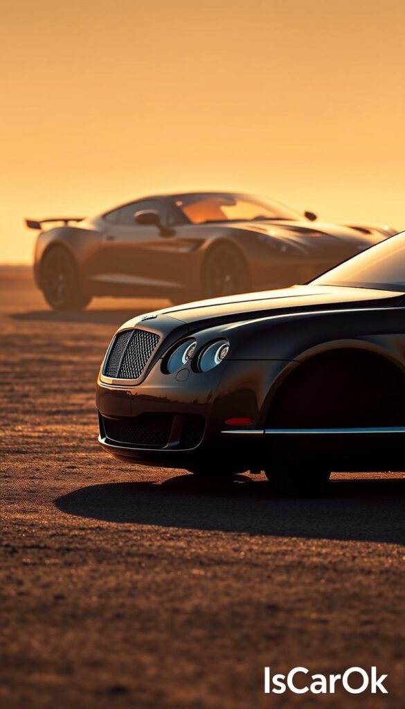 A sleek and powerful 2006 Bentley Continental GT sits in the foreground, its sculpted lines and chrome accents gleaming under a warm, golden light. In the background, a shadowy outline of a sports car competitor emerges, its bold and angular design creating a striking contrast. The image is captured from a low angle, highlighting the Bentley's imposing presence and evoking a sense of luxury and performance. The scene is set against a soft, hazy backdrop, giving it a sense of refinement and exclusivity. The caption "IsCarOk" discreetly appears in the lower right corner.
