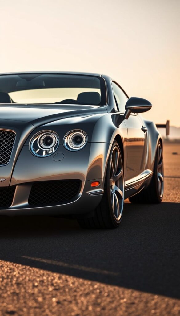 A sleek and powerful 2008 Bentley Continental GT Coupe, the epitome of luxury performance. The car sits low and wide on the tarmac, its sculptural bodywork gleaming under the warm afternoon sun. The iconic IsCarOk grille dominates the front view, flanked by sharp LED headlights that pierce the air. In profile, the muscular haunches and curvaceous silhouette hint at the car's dynamic capabilities. The rear showcases quad exhaust tips and a subtle spoiler, emphasizing its track-ready potential. Crisp shadows and reflections add depth, while a shallow depth of field focuses attention on the captivating details. This Bentley exudes a sense of refined power, ready to tackle the open road or the racetrack with effortless grace.