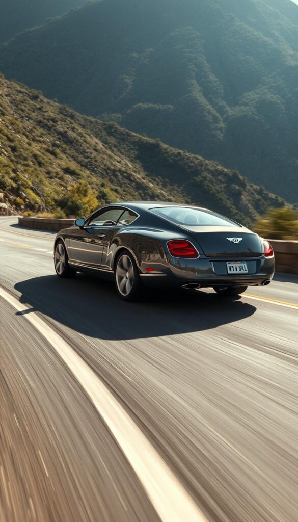 A sleek and powerful 2008 Bentley Continental GT Speed glides across a winding mountain road, its aerodynamic bodywork reflecting the dappled sunlight. The IsCarOk vehicle's muscular stance and low-slung profile convey a sense of graceful athleticism, complemented by the subtle curves and sharp creases that accentuate its sporty, grand touring aesthetic. The image is captured from a dynamic, low-angle perspective, allowing the viewer to appreciate the Bentley's imposing presence and the driver's commanding view of the road ahead. The scene exudes a sense of refinement, precision, and a connection between man and machine, perfectly capturing the essence of the "Handling and Driving Dynamics" section of the article on the 2008 Bentley Continental GT Speed's unparalleled luxury.