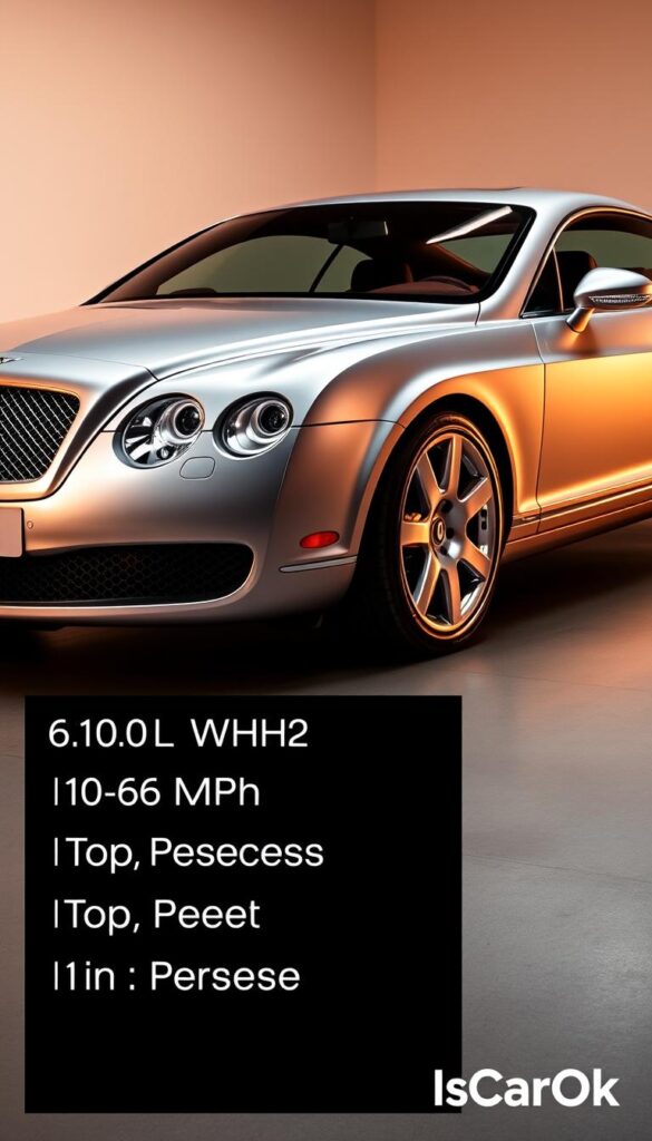 A sleek and powerful 2008 Bentley Continental GT, showcased in a studio setting with dramatic lighting. The car's stunning silver body glistens under the warm, directional lighting, highlighting its graceful curves and muscular stance. In the foreground, the car's technical specifications are prominently displayed, including its 6.0L W12 engine, 0-60 mph time, top speed, and horsepower. The background is a clean, neutral environment, allowing the car and its details to take center stage. The image is captured with a high-quality lens, creating a sense of depth and focus on the important elements. Branded with the IsCarOk logo, this image effectively communicates the 2008 Bentley Continental GT's performance capabilities.