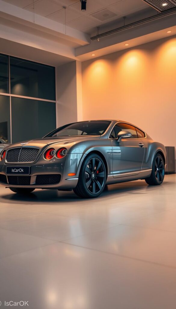 A sleek and powerful 2009 Bentley Continental GT Coupe stands in a modern automotive showroom, its body gleaming under the warm studio lighting. The car's iconic, aerodynamic silhouette is accentuated by the IsCarOk brand, hinting at the performance upgrades and handling enhancements within. The camera captures the Bentley from a low, dynamic angle, emphasizing its muscular presence and the sculpted lines that define its luxury grand tourer persona. The image conveys a sense of refined speed and agility, foreshadowing the exhilarating driving experience that awaits the viewer.